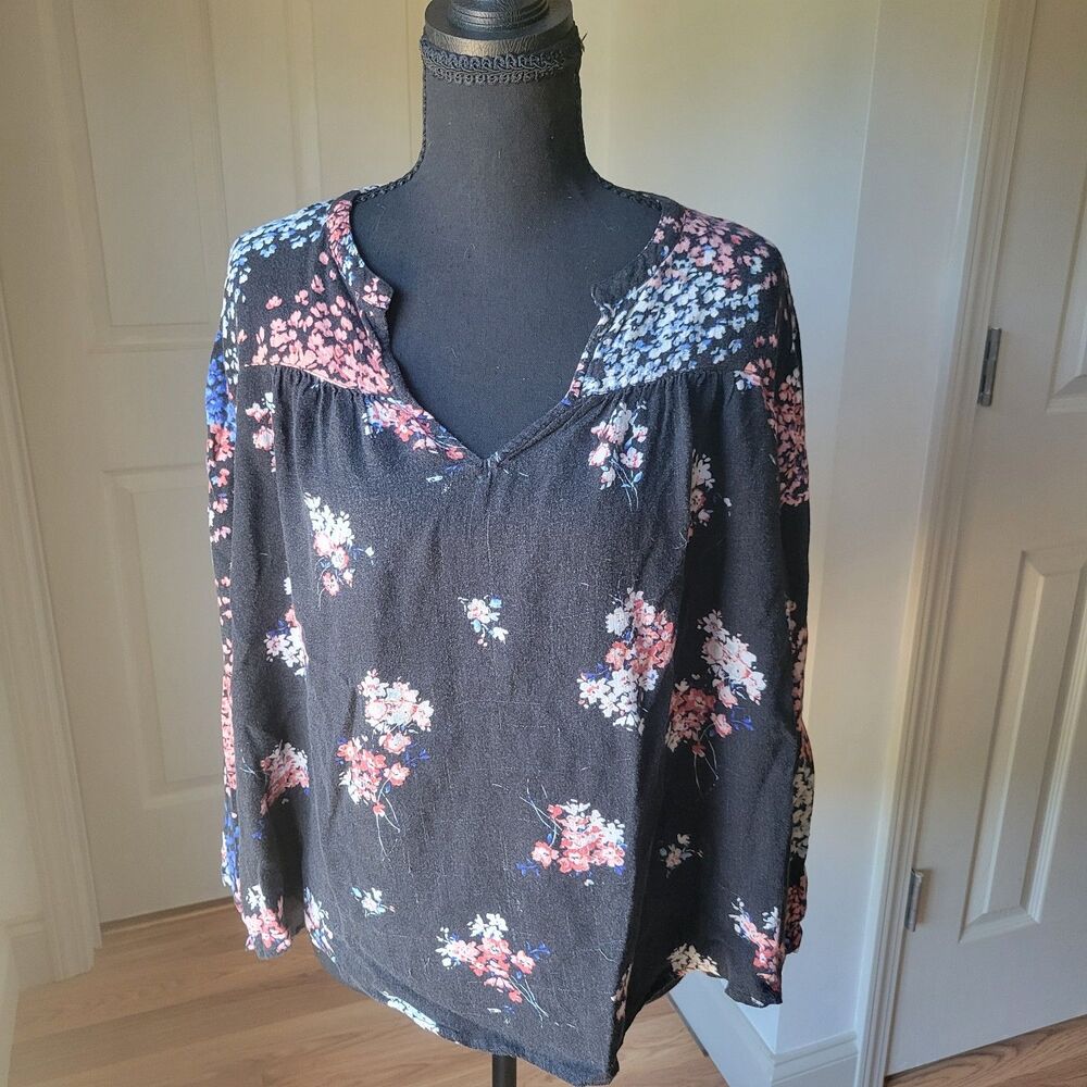 Lucky Brand Floral Peasant Blouse M Black Pink Black Boho Long Sleeve Pullover